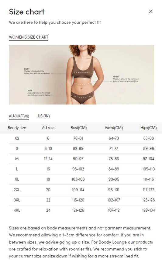 Boody Underwear size chart