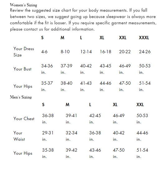 Cool Jams Womens sizing chart