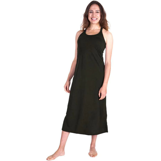 Cool Jams Women's moisture wicking long racerback tank gown with shelf bra in black front view