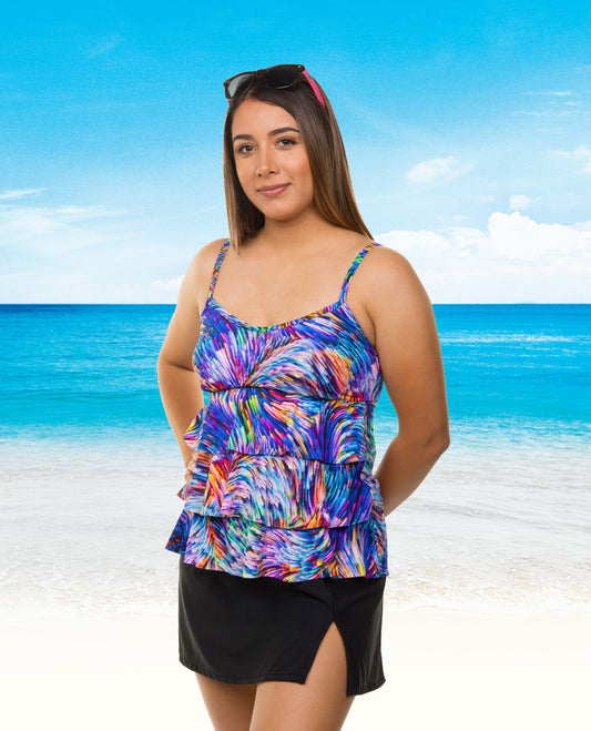 T.H.E. 45-60 TRIPLE TIERED TANKINI MASTECTOMY SWIM TOP in 769 Rainbow Waves