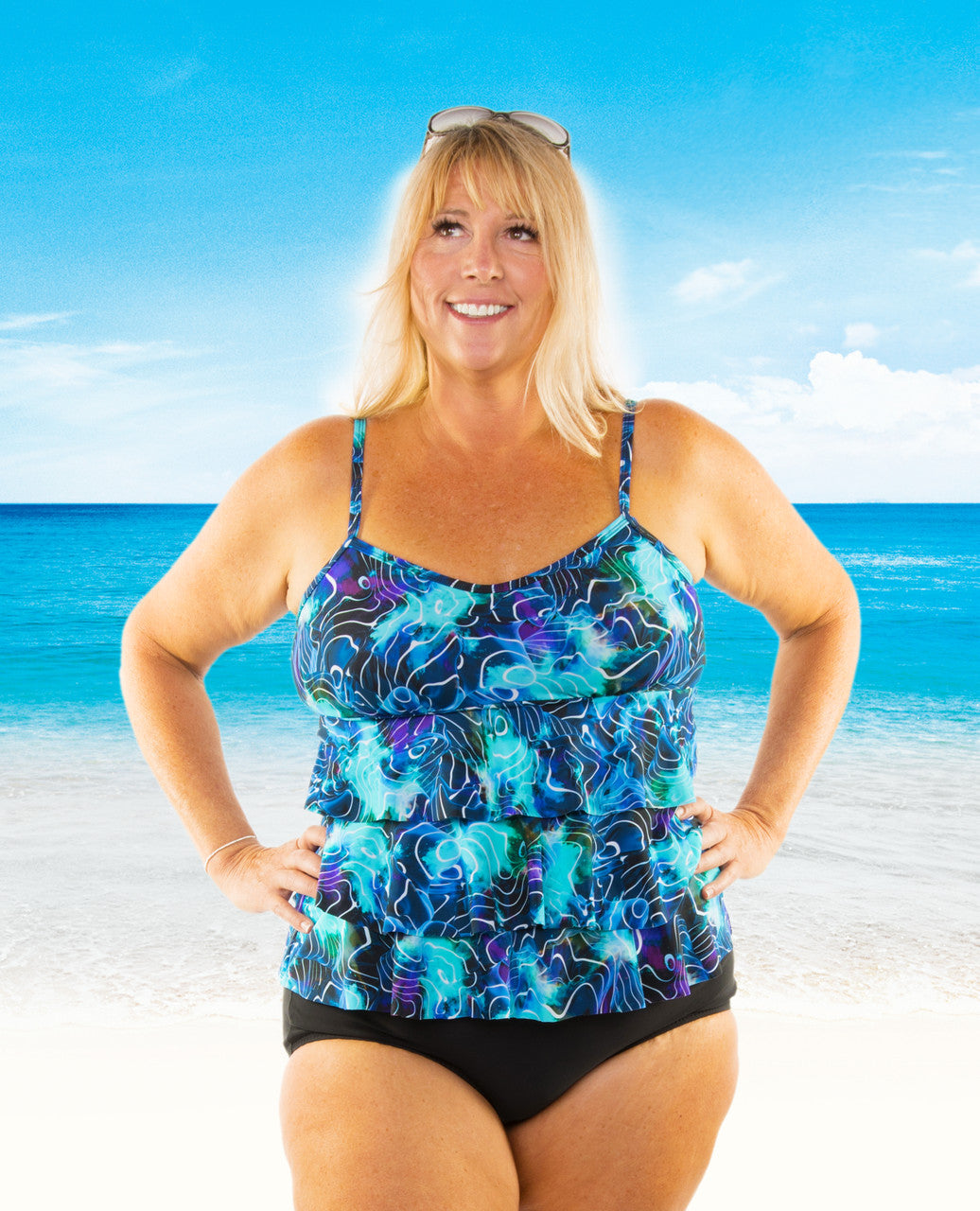 T.H.E. 45-60 TRIPLE TIERED TANKINI MASTECTOMY SWIM TOP in 773 Electric Ocean